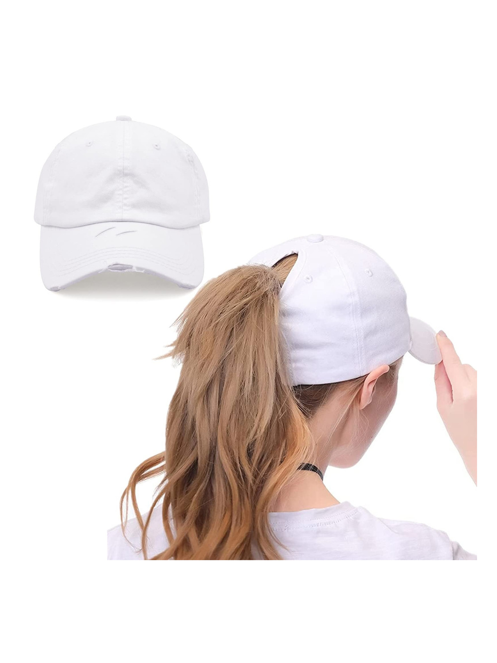 Womens High Ponytail Messy Bun Baseball Caps Distressed | White | Size OS